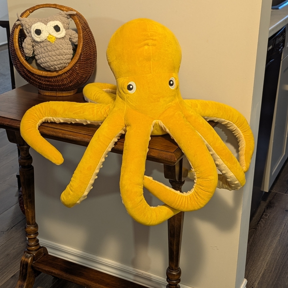 Yellow Plush Octopus Toy . Large. Embroidery Eyes. Textured  Legs. 27 Inches.